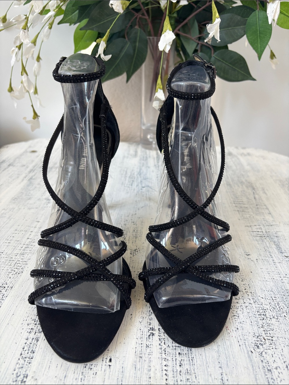 Gianni Bini Black Crystal Strappy Stiletto Heels
